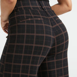 Close-up back view of Black Brown Plaid Dress Pant Yoga Pants showing the waistband, belt loops and faux welt pockets