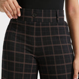 Close-up of Black Brown Plaid Dress Pant Yoga Pants showing the high waistband, belt loops, faux fly and decorative button