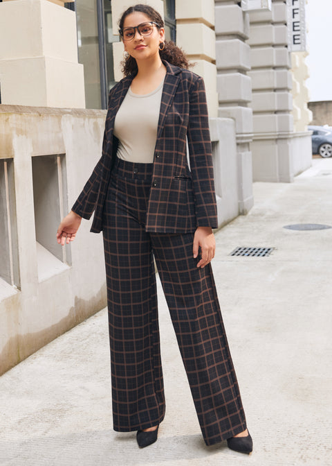 Woman wearing matching Black Brown Plaid wide-leg Dress Pant Yoga Pants and Classic Blazer outdoors