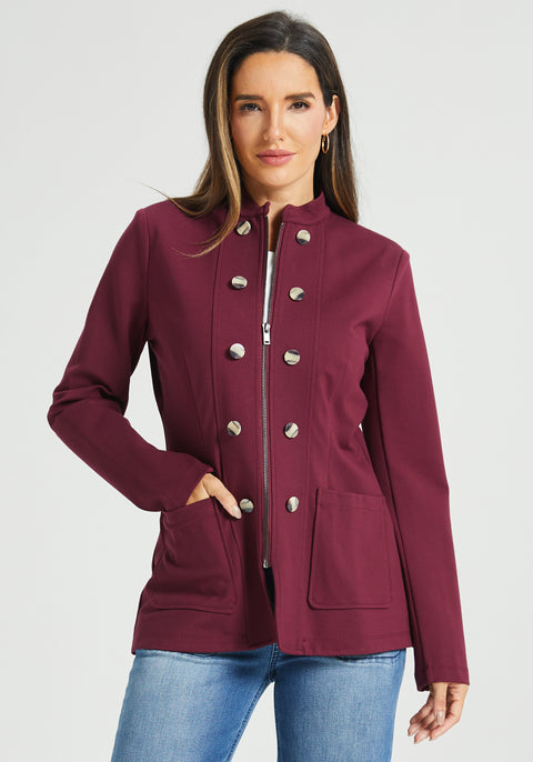 Military Zip Jacket | Stretch Ponte (Burgundy)