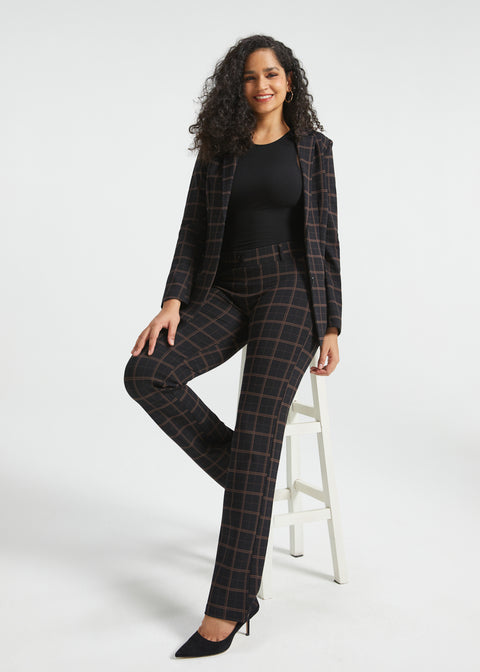 Woman wearing Black Brown Plaid straight-leg Dress Pant Yoga Pants with the matching Classic Blazer and black heels