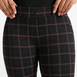 Close-up front view of Black Brown Plaid Dress Pant Yoga Pants showing the waistband, belt loops, faux fly and decorative button