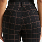Close-up rear view of Black Brown Plaid Dress Pant Yoga Pants showing the tailored seaming, belt loops and faux welt pockets