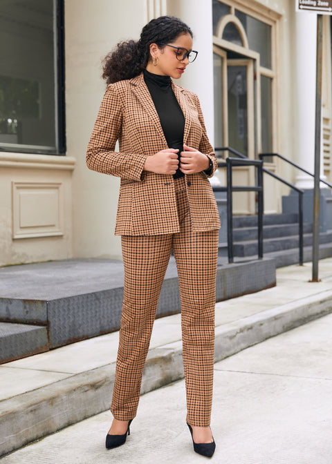 Woman wearing matching Camel Mini Houndstooth blazer and straight-leg Dress Pant Yoga Pants with black heels outdoors