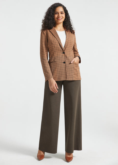 Full-length woman wearing Camel Mini Houndstooth Classic Blazer with brown wide-leg pants and white top
