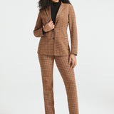 Woman wearing Camel Mini Houndstooth Classic Blazer with matching pants, black turtleneck and black heels