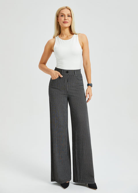 PRESALE ⏰ 7-Pocket High-Waist DPYP™ Dress Pant Yoga Pant | Wide (Black Beige Pinstripe)