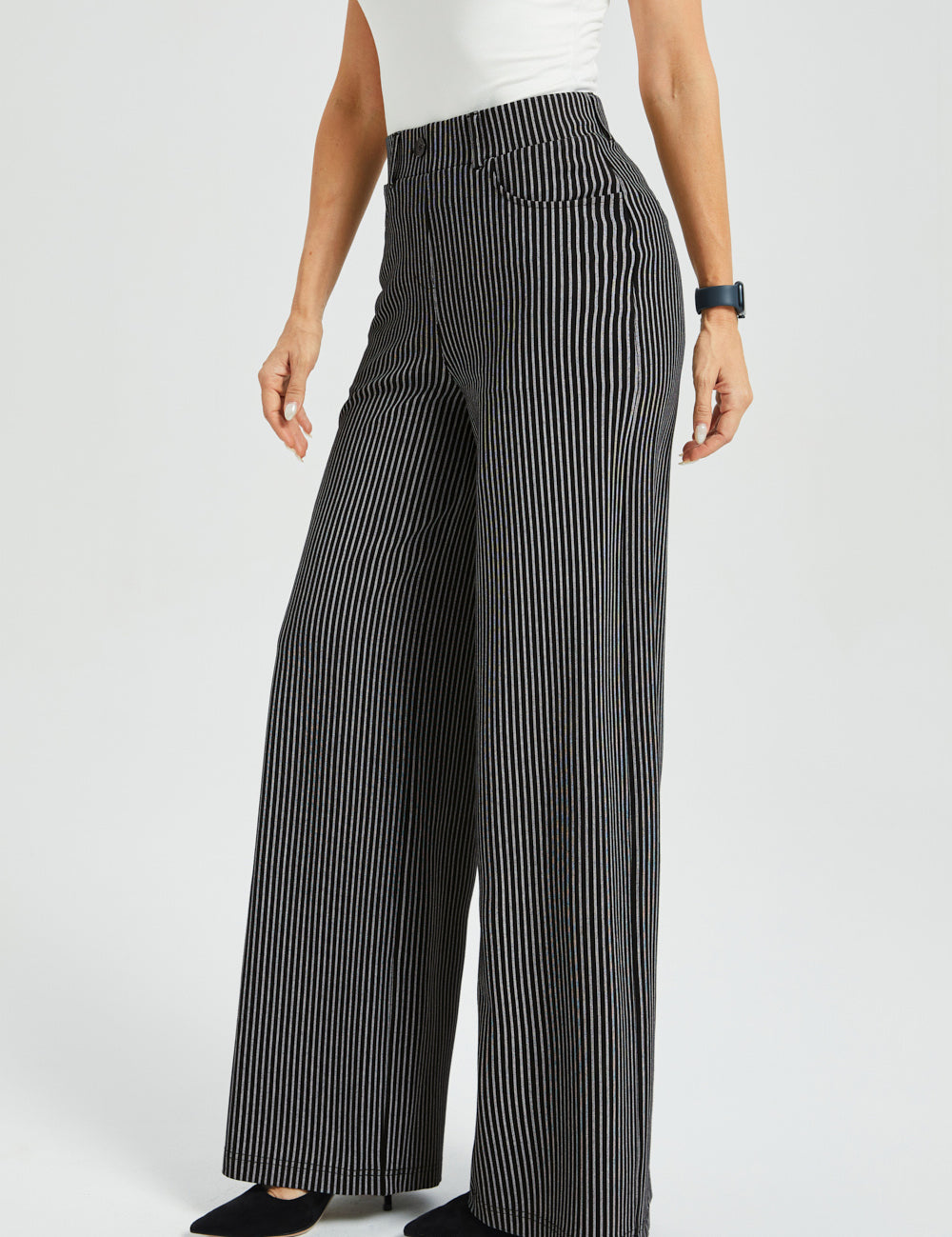 7-Pocket High-Waist DPYP™ Dress Pant Yoga Pant | Wide (Black Beige Pinstripe)