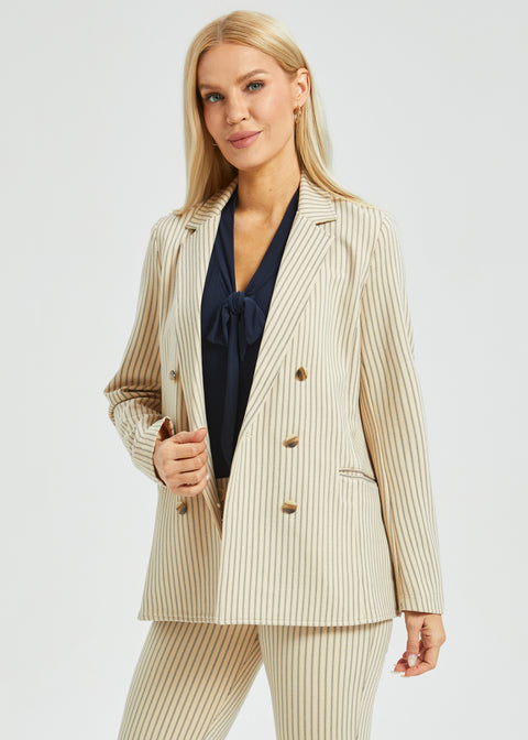 Double Breasted Blazer | Stretch Ponte (Ivory Black Pinstripe)