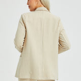 Double Breasted Blazer | Stretch Ponte (Ivory Black Pinstripe)