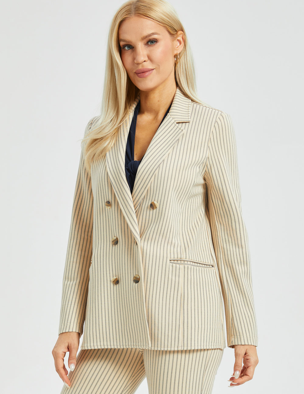 Double Breasted Blazer | Stretch Ponte (Ivory Black Pinstripe)