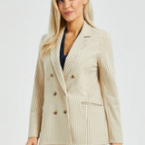 Double Breasted Blazer | Stretch Ponte (Ivory Black Pinstripe)