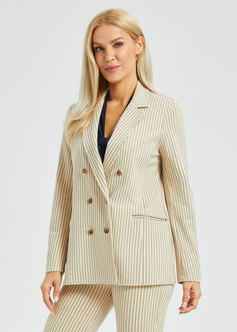Double Breasted Blazer | Stretch Ponte (Ivory Black Pinstripe)