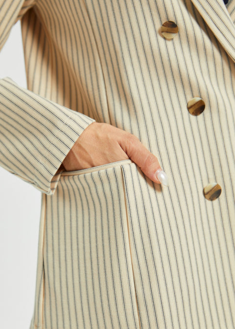 Double Breasted Blazer | Stretch Ponte (Ivory Black Pinstripe)